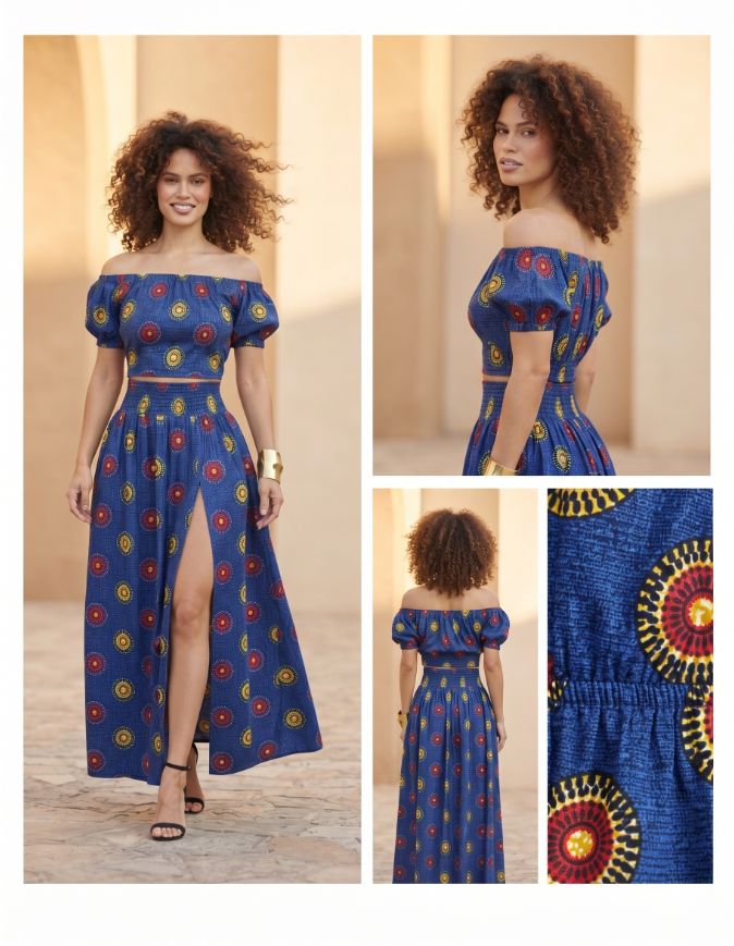 ensemble Sonia bleu en wax africain coton pour femme jupe et croptop extensible manches ballons