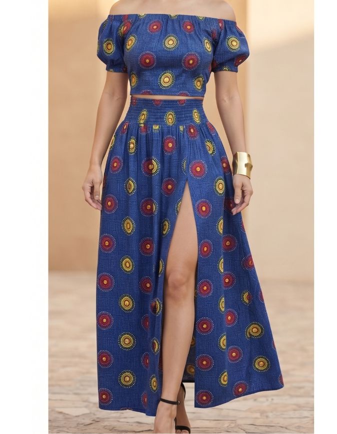 ensemble Sonia bleu en wax africain coton pour femme jupe et croptop extensible manches ballons