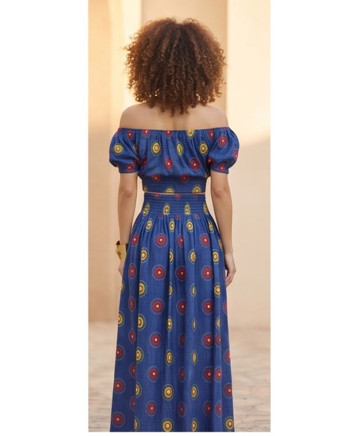ensemble Sonia bleu en wax africain coton pour femme jupe et croptop extensible manches ballons