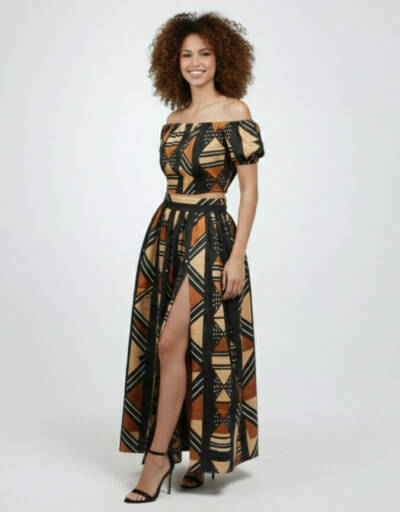 ensemble Sonia noir en wax africain coton pour femme jupe et croptop extensible manches ballons