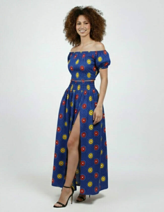 ensemble Sonia bleu en wax africain coton pour femme jupe et croptop extensible manches ballons