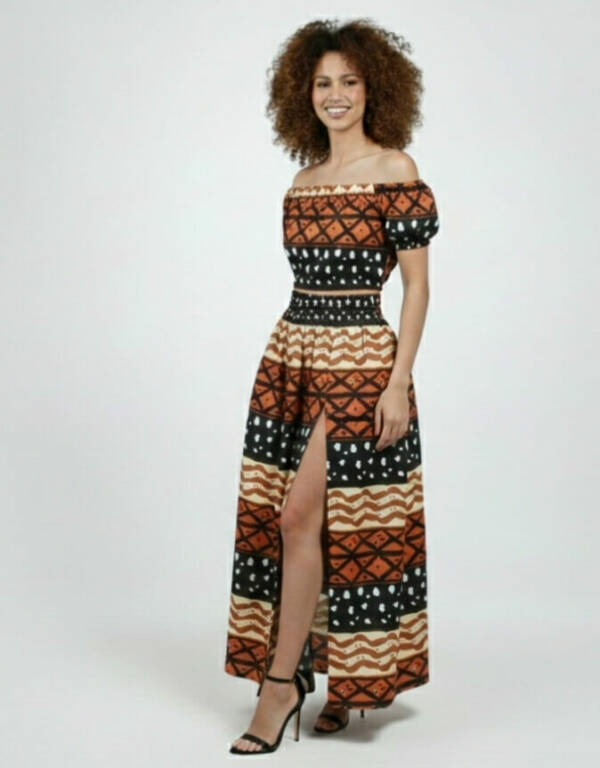 ensemble Sonia marron en wax africain coton pour femme jupe et croptop extensible manches ballons