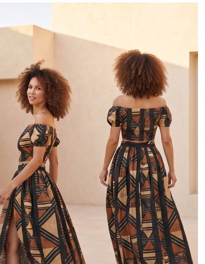 ensemble Sonia noir en wax africain coton pour femme jupe et croptop extensible manches ballons