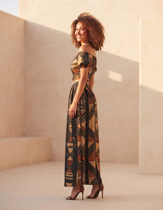 ensemble Sonia noir en wax africain coton pour femme jupe et croptop extensible manches ballons