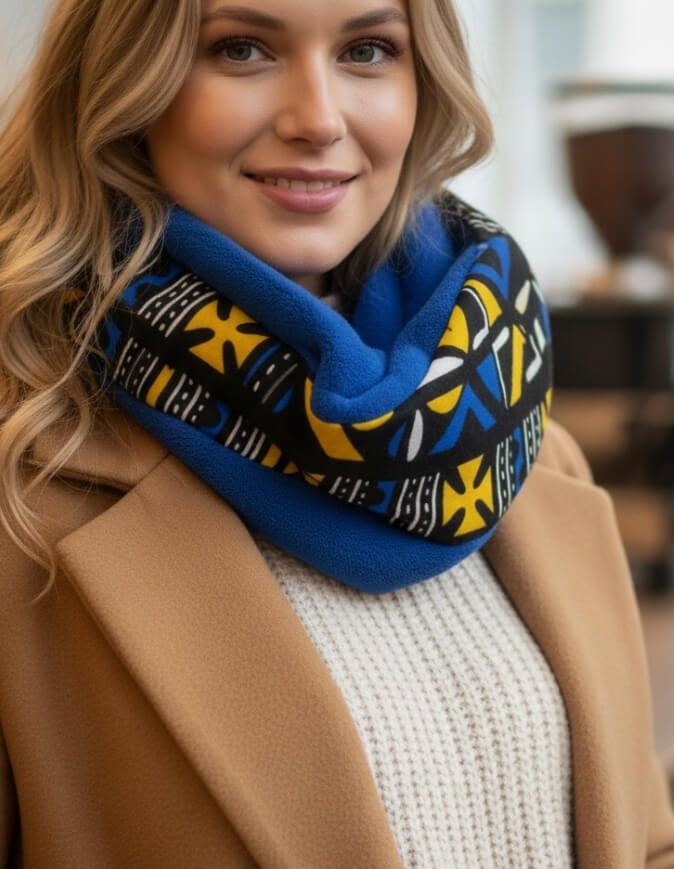 Femme portant un snood motifs bogolan bleu et jaune doublé en polaire doudou