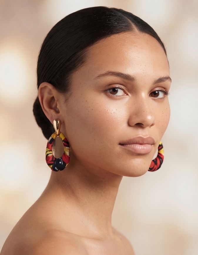 Femme avec un chignon portant des boucles d'oreilles pendantes en acier inoxydable doré et tissu wax