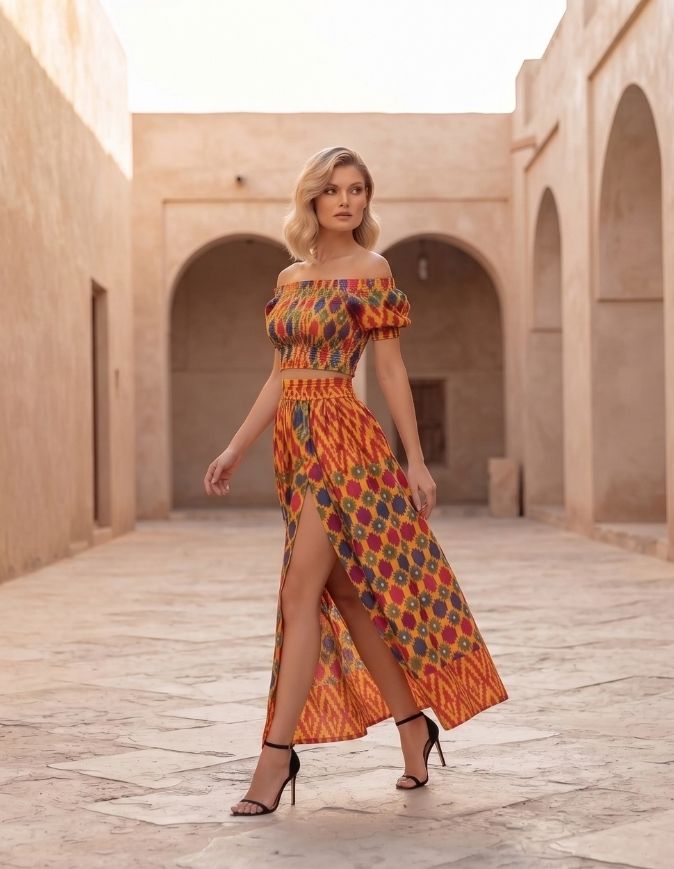 femme qui porte un ensemble bogolan violet composé de jupe à fente et croptop extensible