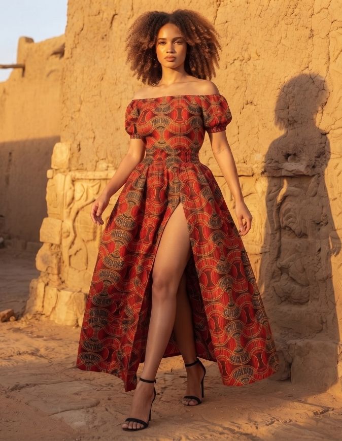 femme qui porte un ensemble bogolan violet composé de jupe à fente et croptop extensible