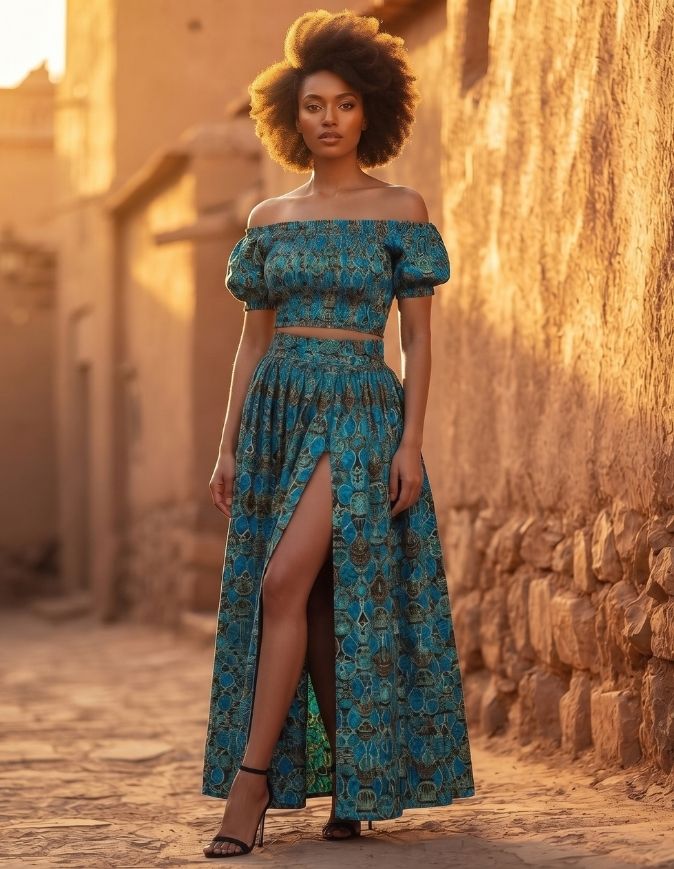 femme qui porte un ensemble bogolan violet composé de jupe à fente et croptop extensible
