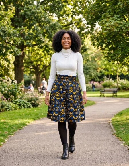 Femme souriante portant une jupe plissée mi-longue en bogolan bleu et jaune, taille unique extensible