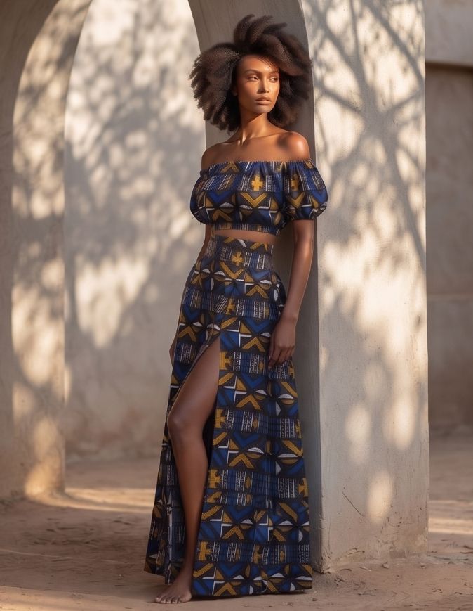 femme qui porte un ensemble bogolan violet composé de jupe à fente et croptop extensible