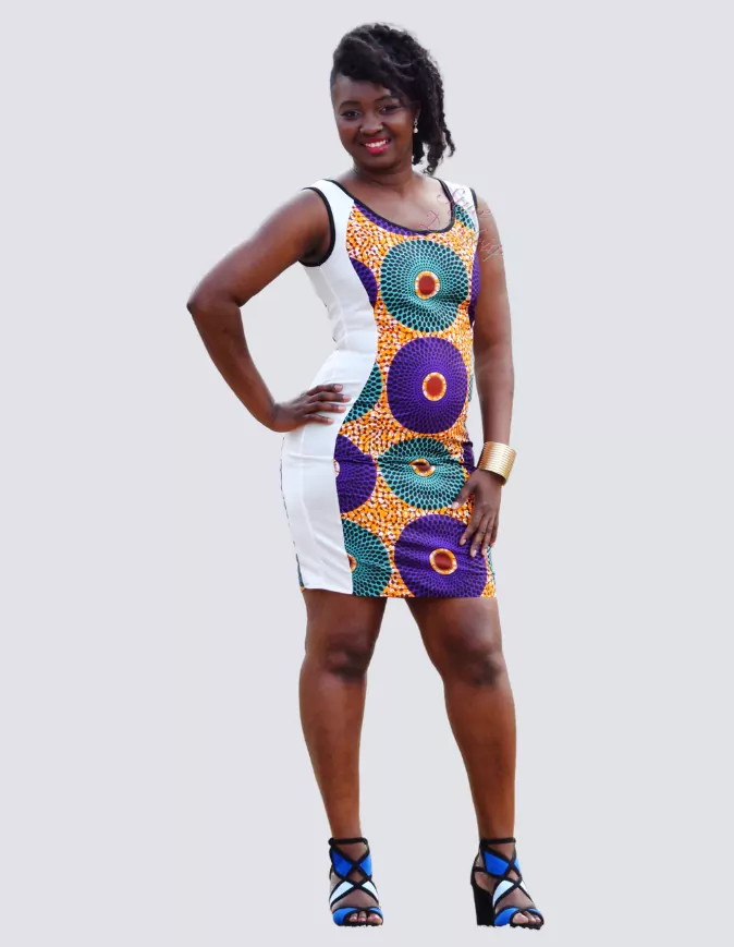 Robe bi-matières zoé, robe droite extensible et WAX africain juste au corps