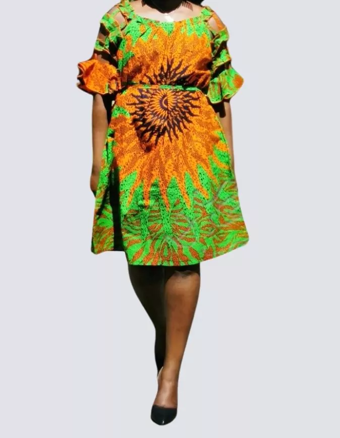Robe été évasée verte, robe évasée wax africain femme. robe courte été wax africain bohème chic femme, robe de bal, robe été, robe de cérémonie femme, robe longue fleurie
