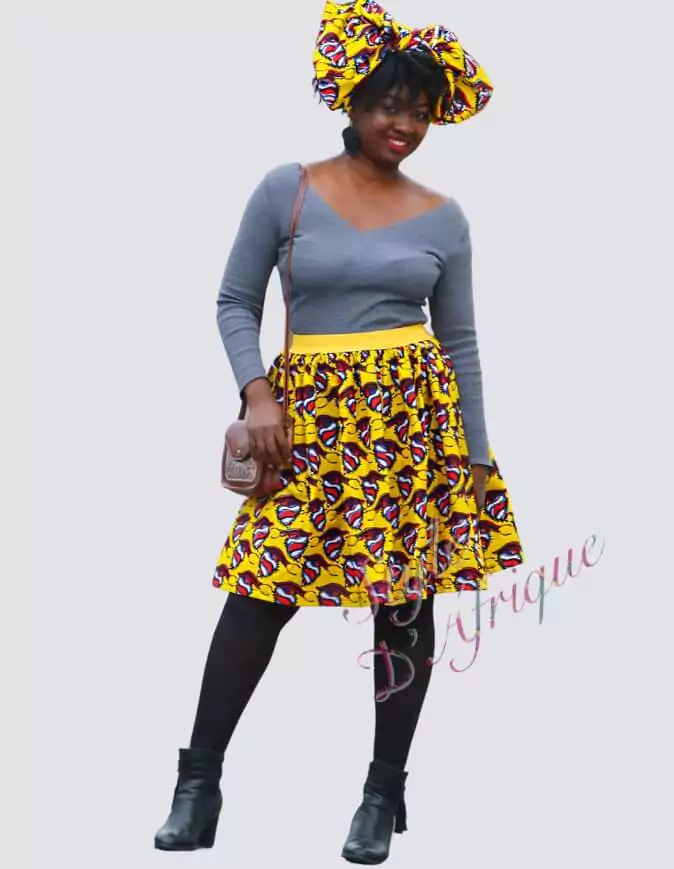 Jupe et snood orange, jupe midi africaine wax pagne pour femme fleuri été