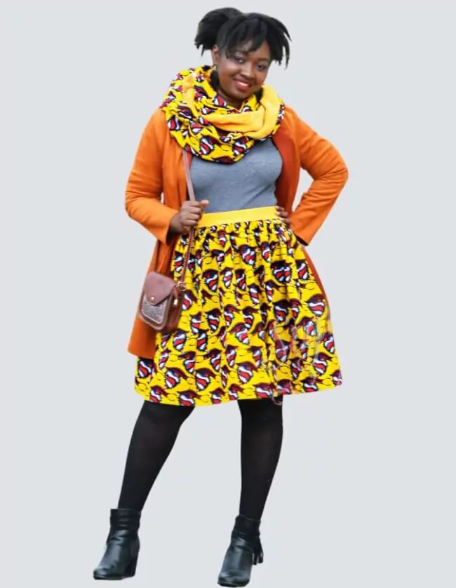 Jupe et snood orange, jupe midi africaine wax pagne pour femme fleuri été