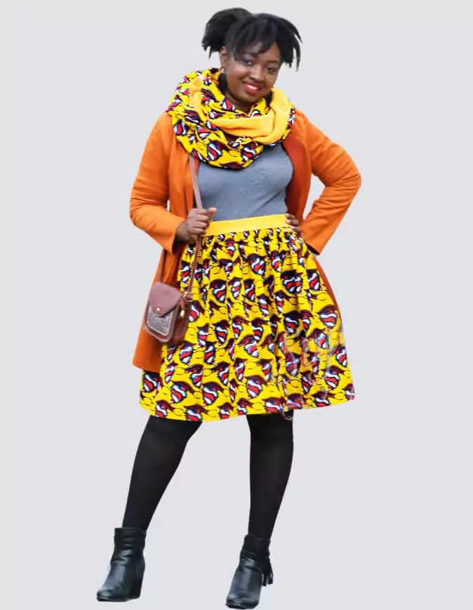 Jupe et snood orange, jupe midi africaine wax pagne pour femme fleuri été
