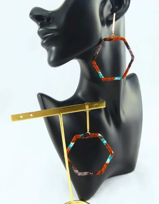 boucles d'oreilles anneaux en tissu africain ethnique en wax bleu