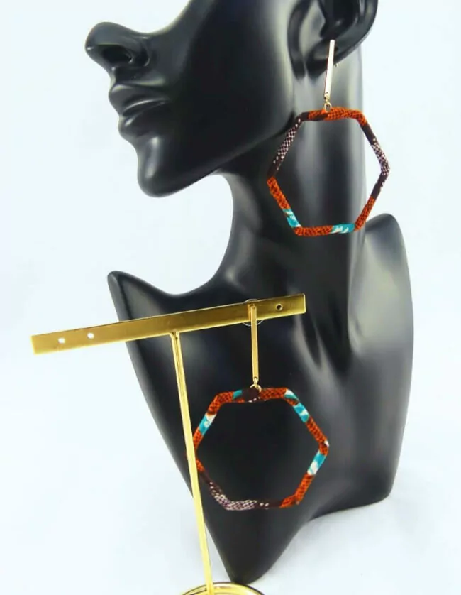 boucles d'oreilles anneaux en tissu africain ethnique en wax bleu