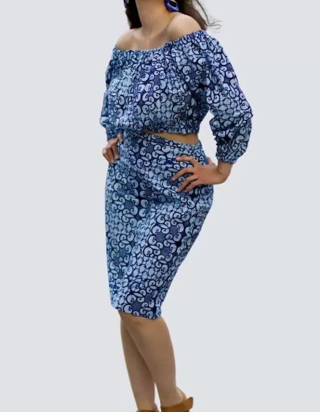 Ensemble Alisée bleu wax jupe et crop top pour femme en coton